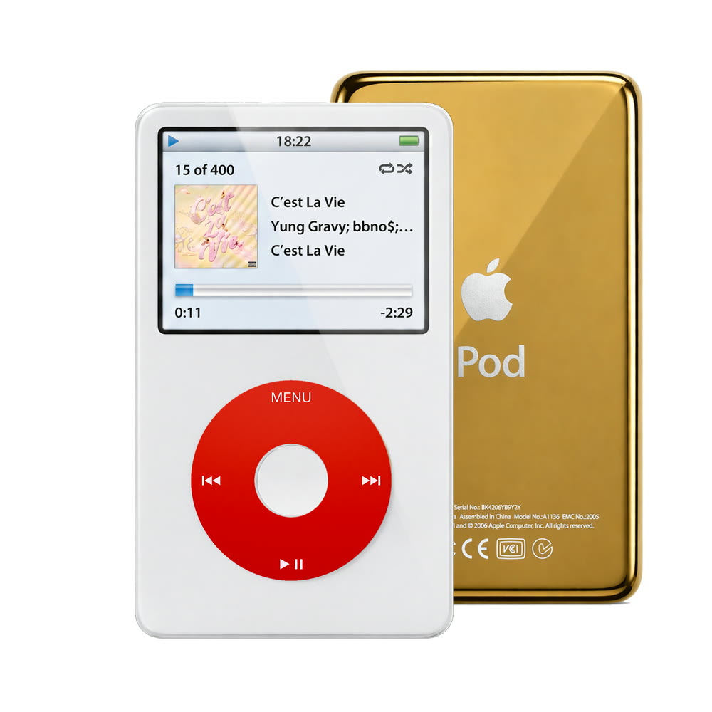 White refurbished iPod Video 5.5 Gen with Red click wheel and Gold back plate