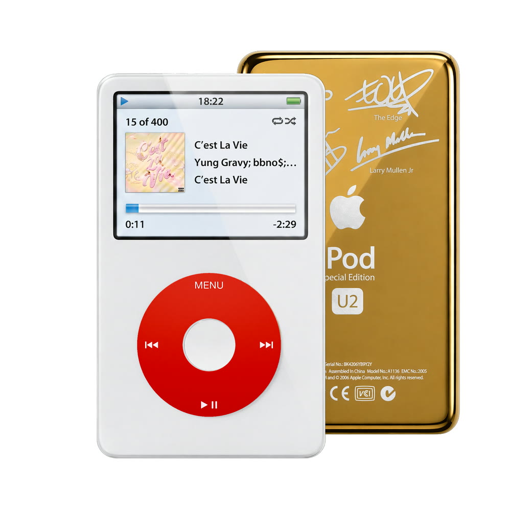 White refurbished iPod Video 5.5 Gen with Red click wheel and Gold U2 back plate