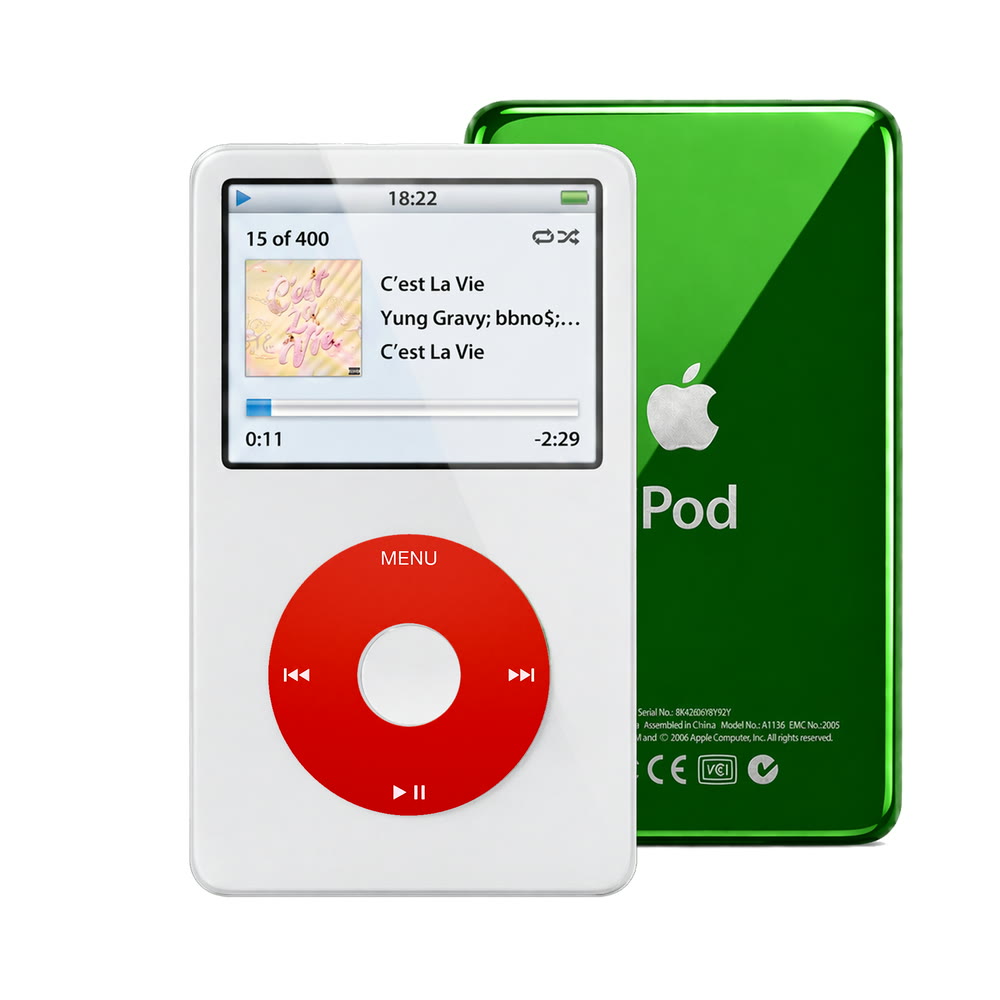 White refurbished iPod Video 5.5 Gen with Red click wheel and Green back plate