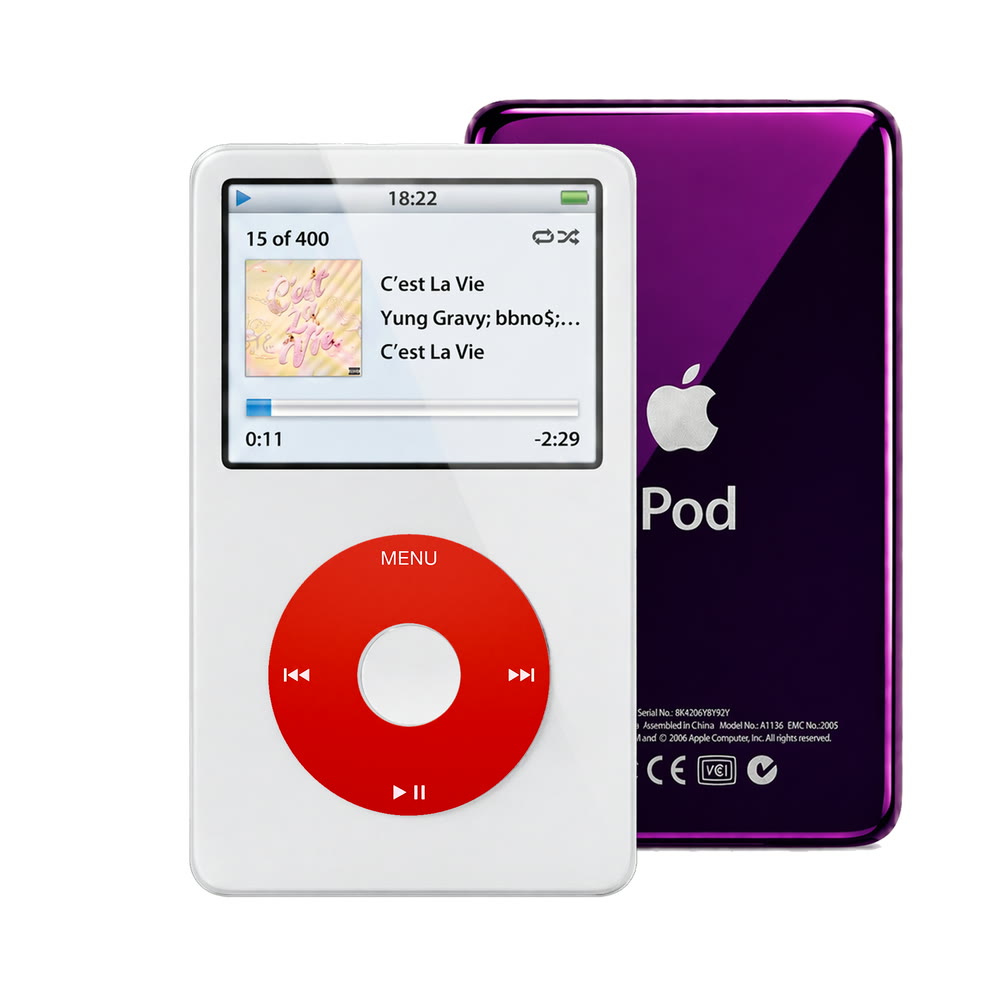 White refurbished iPod Video 5.5 Gen with Red click wheel and Purple back plate