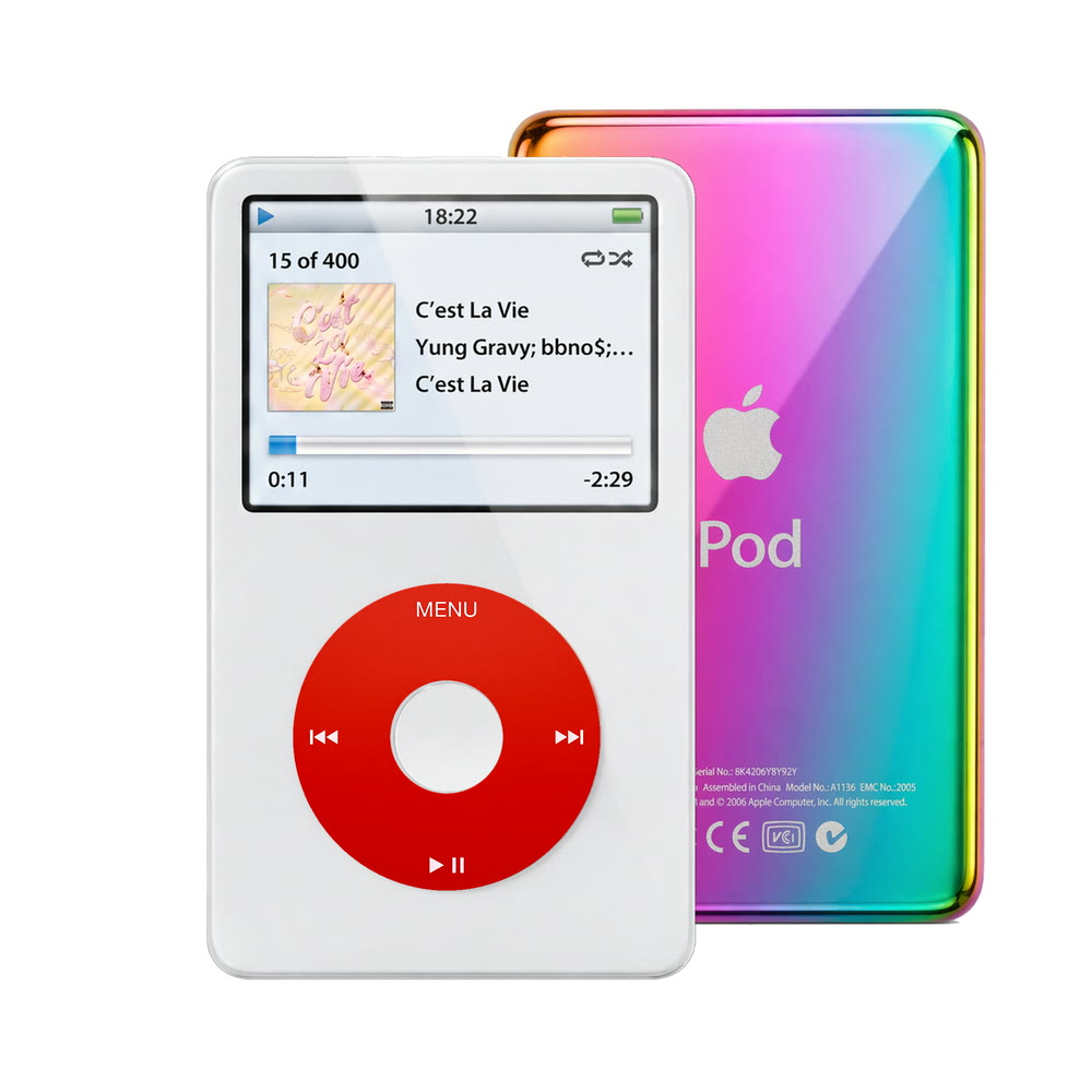 White refurbished iPod Video 5.5 Gen with Red click wheel and Rainbow back plate