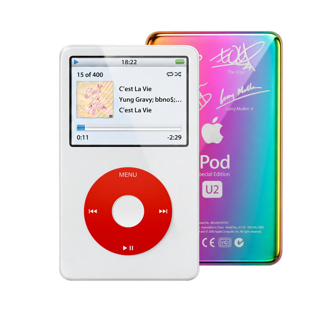 White refurbished iPod Video 5.5 Gen with Red click wheel and Rainbow U2 back plate