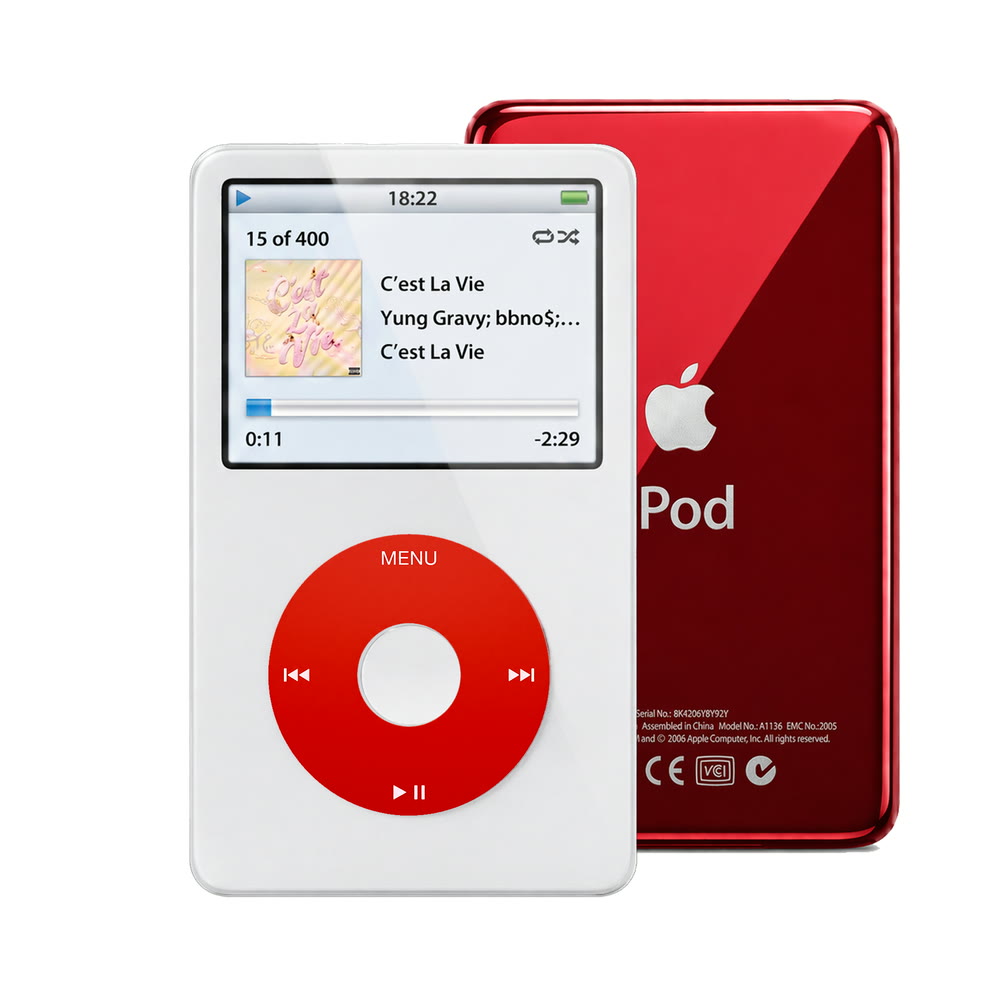 White refurbished iPod Video 5.5 Gen with Red click wheel and Red back plate