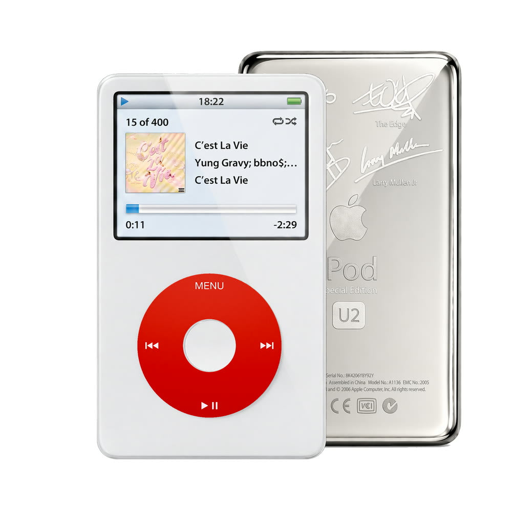 White refurbished iPod Video 5.5 Gen with Red click wheel and Silver U2 back plate