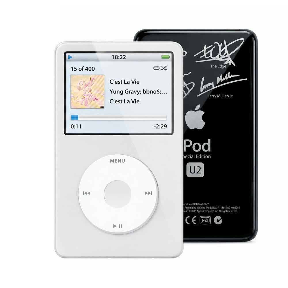 White refurbished iPod Video 5.5 Gen with White click wheel and Black U2 back plate