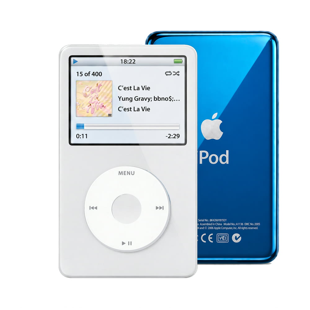 White refurbished iPod Video 5.5 Gen with White click wheel and Blue back plate