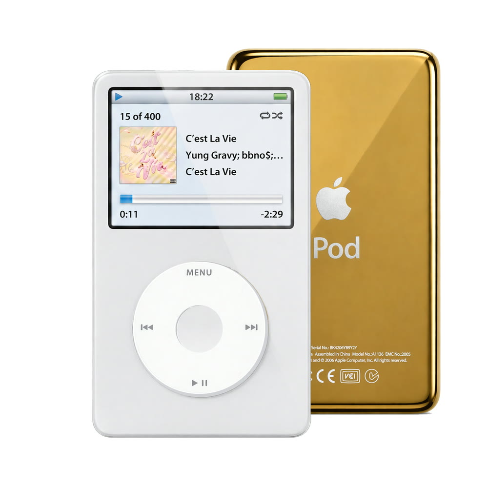 White refurbished iPod Video 5.5 Gen with White click wheel and Gold back plate