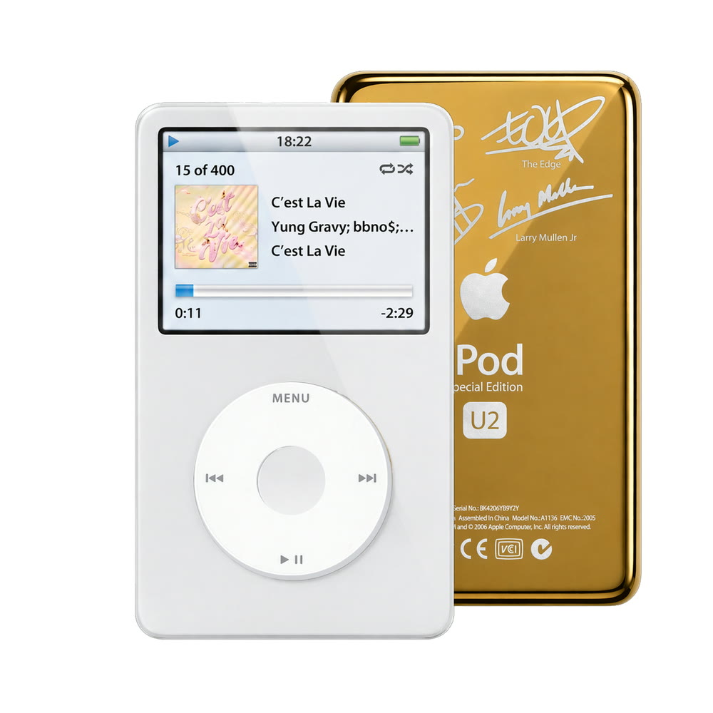 White refurbished iPod Video 5.5 Gen with White click wheel and Gold U2 back plate