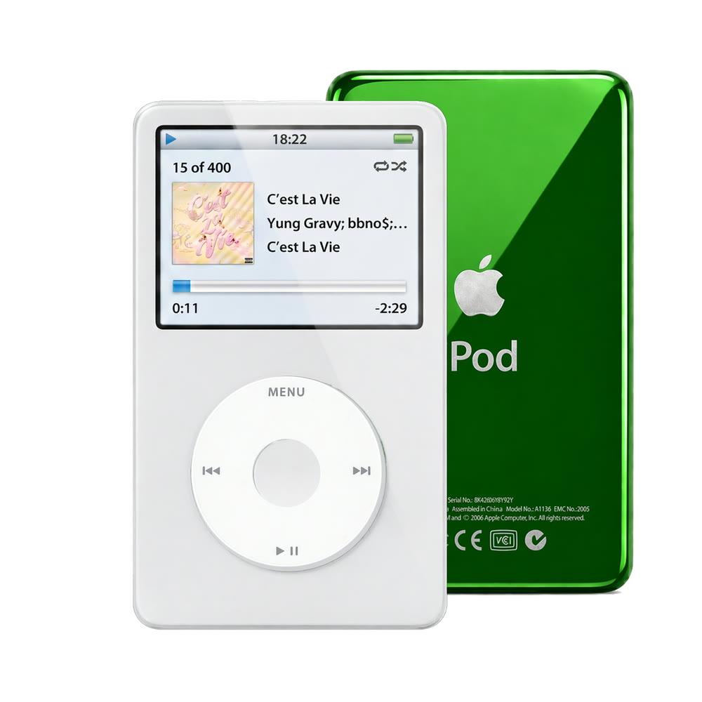 White refurbished iPod Video 5.5 Gen with White click wheel and Green back plate