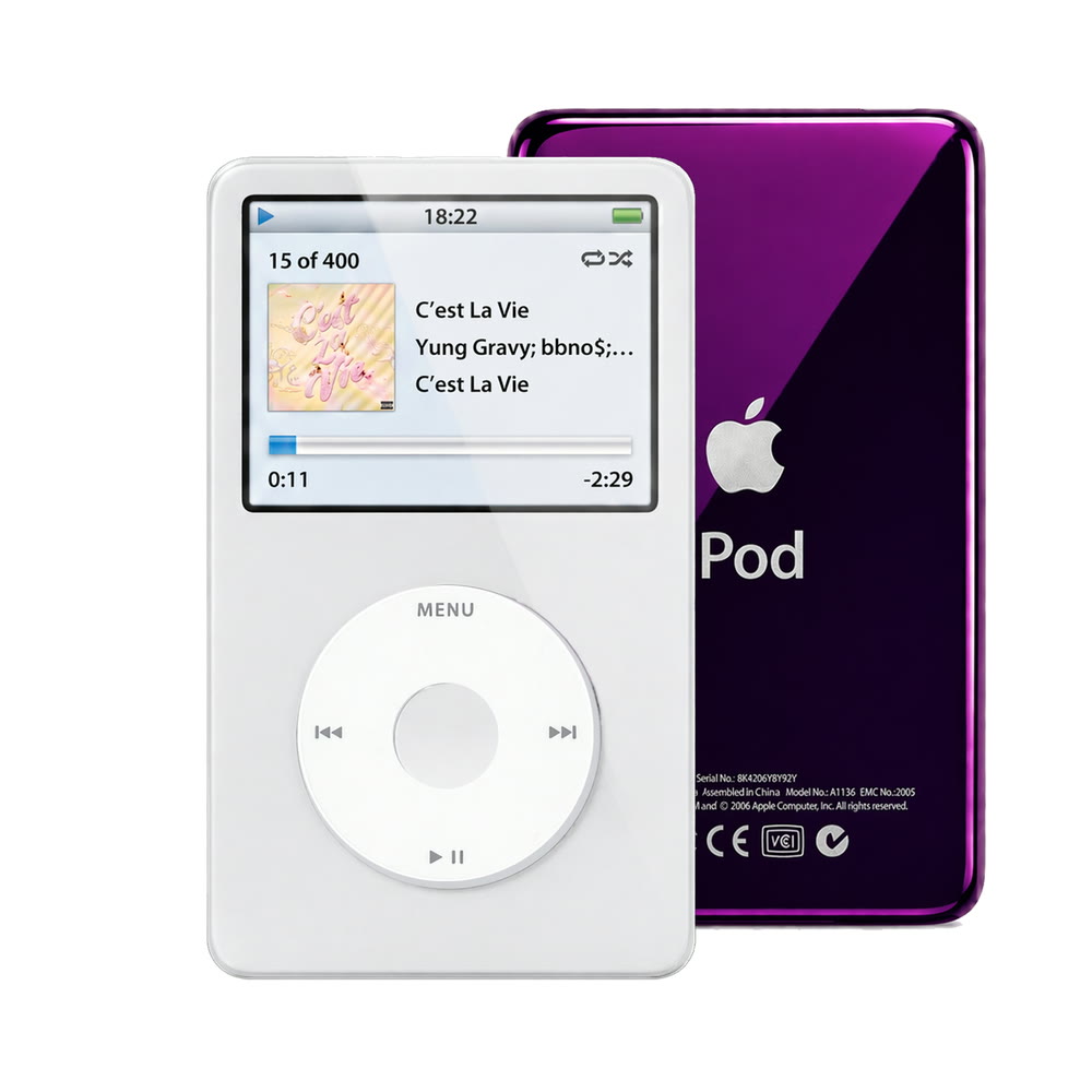White refurbished iPod Video 5.5 Gen with White click wheel and Purple back plate