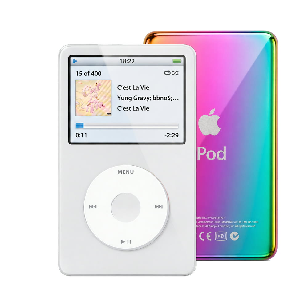 White refurbished iPod Video 5.5 Gen with White click wheel and Rainbow back plate