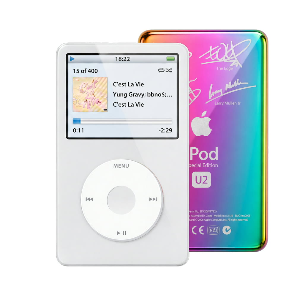 White refurbished iPod Video 5.5 Gen with White click wheel and Rainbow U2 back plate