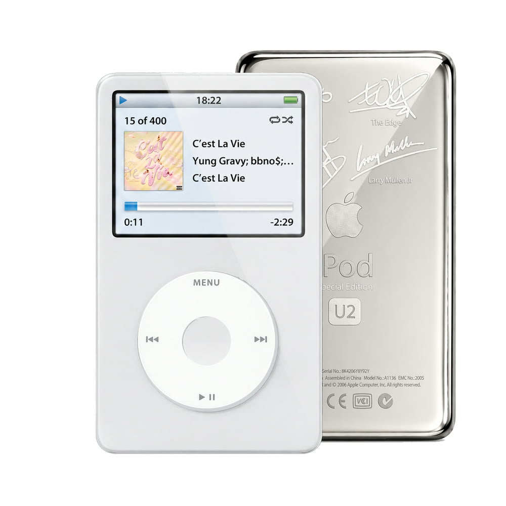White refurbished iPod Video 5.5 Gen with White click wheel and Silver U2 back plate