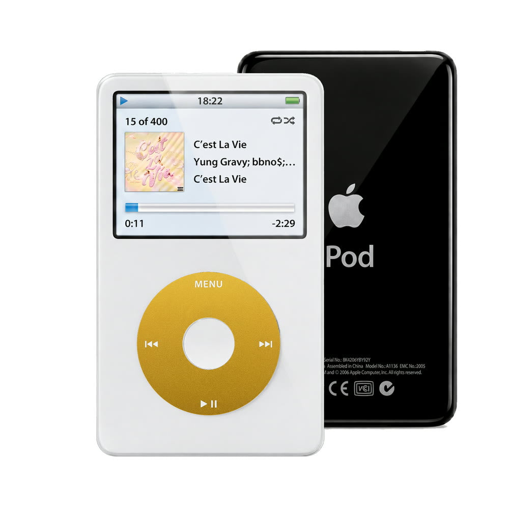 White refurbished iPod Video 5.5 Gen with Yellow click wheel and Black back plate