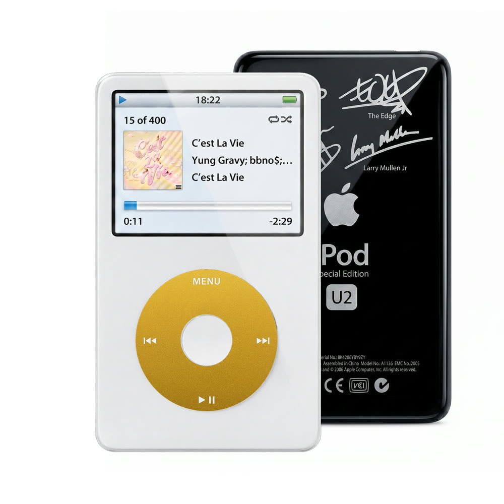 White refurbished iPod Video 5.5 Gen with Yellow click wheel and Black U2 back plate