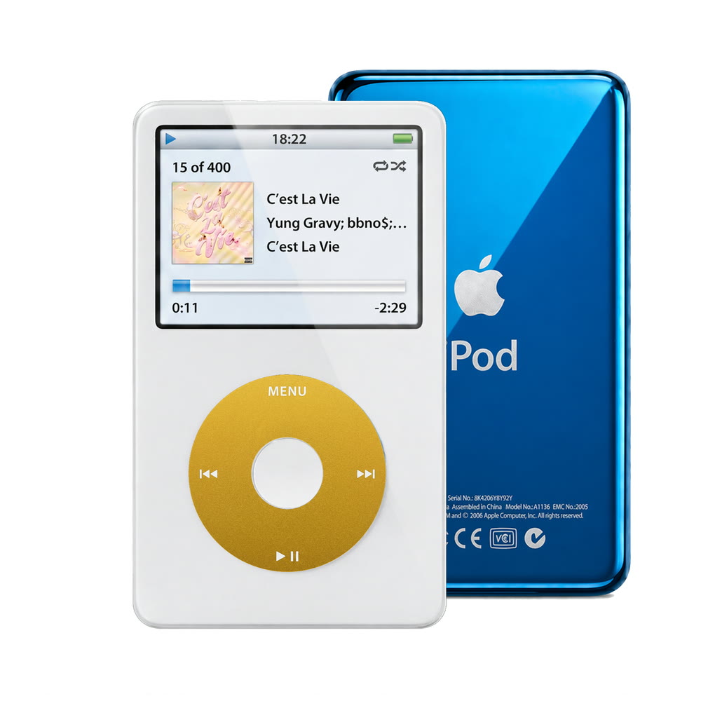 White refurbished iPod Video 5.5 Gen with Yellow click wheel and Blue back plate