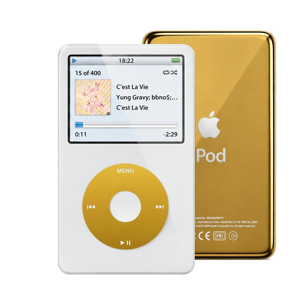 White refurbished iPod Video 5.5 Gen with Yellow click wheel and Gold back plate