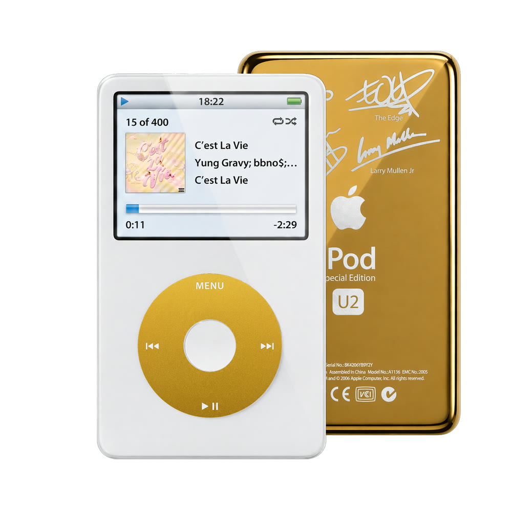 White refurbished iPod Video 5.5 Gen with Yellow click wheel and Gold U2 back plate