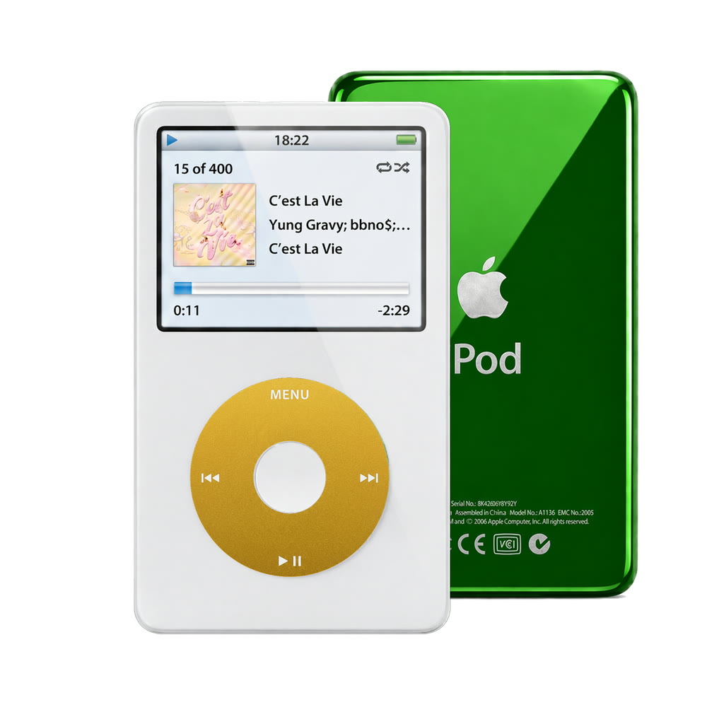 White refurbished iPod Video 5.5 Gen with Yellow click wheel and Green back plate