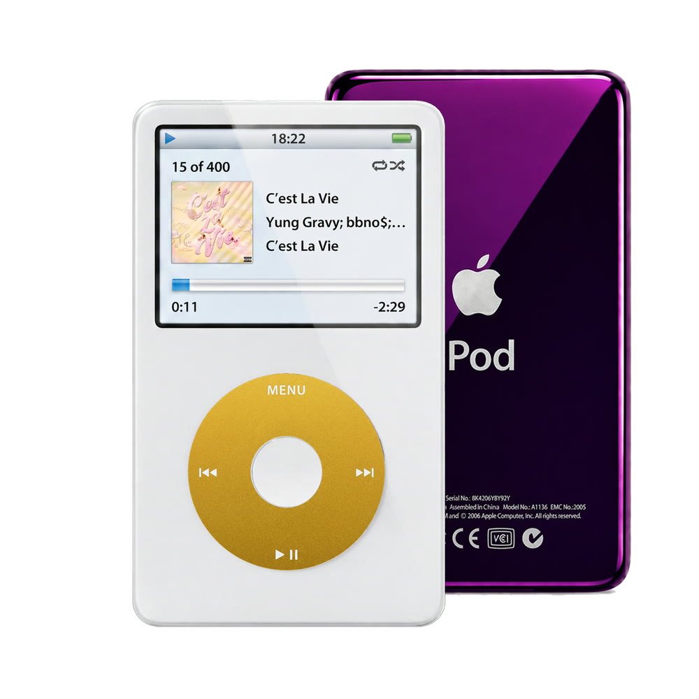 White refurbished iPod Video 5.5 Gen with Yellow click wheel and Purple back plate