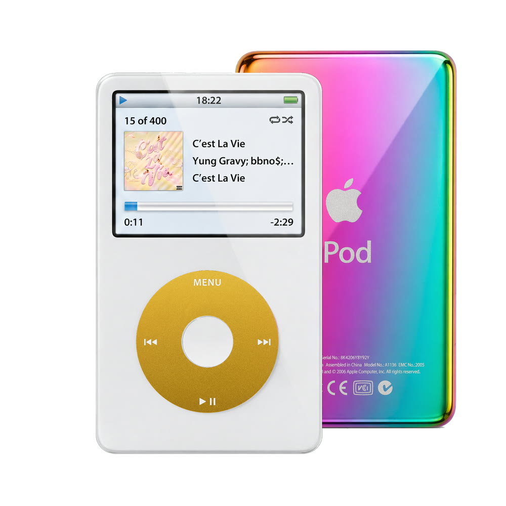 White refurbished iPod Video 5.5 Gen with Yellow click wheel and Rainbow back plate