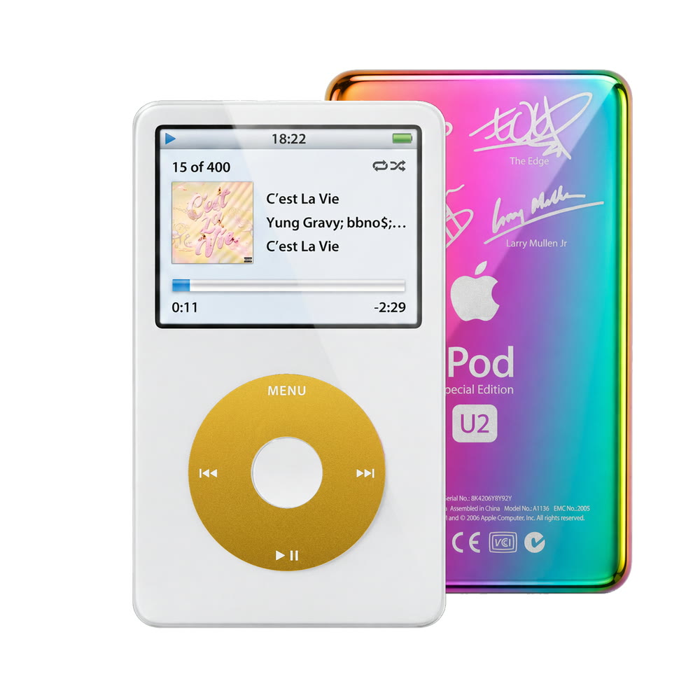 White refurbished iPod Video 5.5 Gen with Yellow click wheel and Rainbow U2 back plate