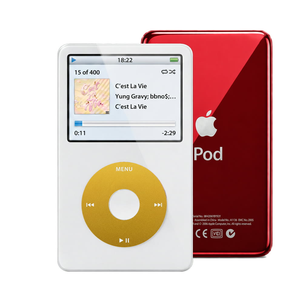 White refurbished iPod Video 5.5 Gen with Yellow click wheel and Red back plate