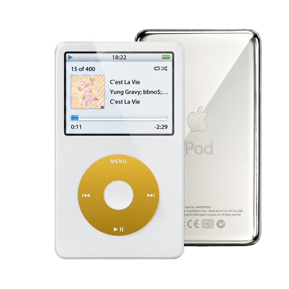 White refurbished iPod Video 5.5 Gen with Yellow click wheel and Silver back plate