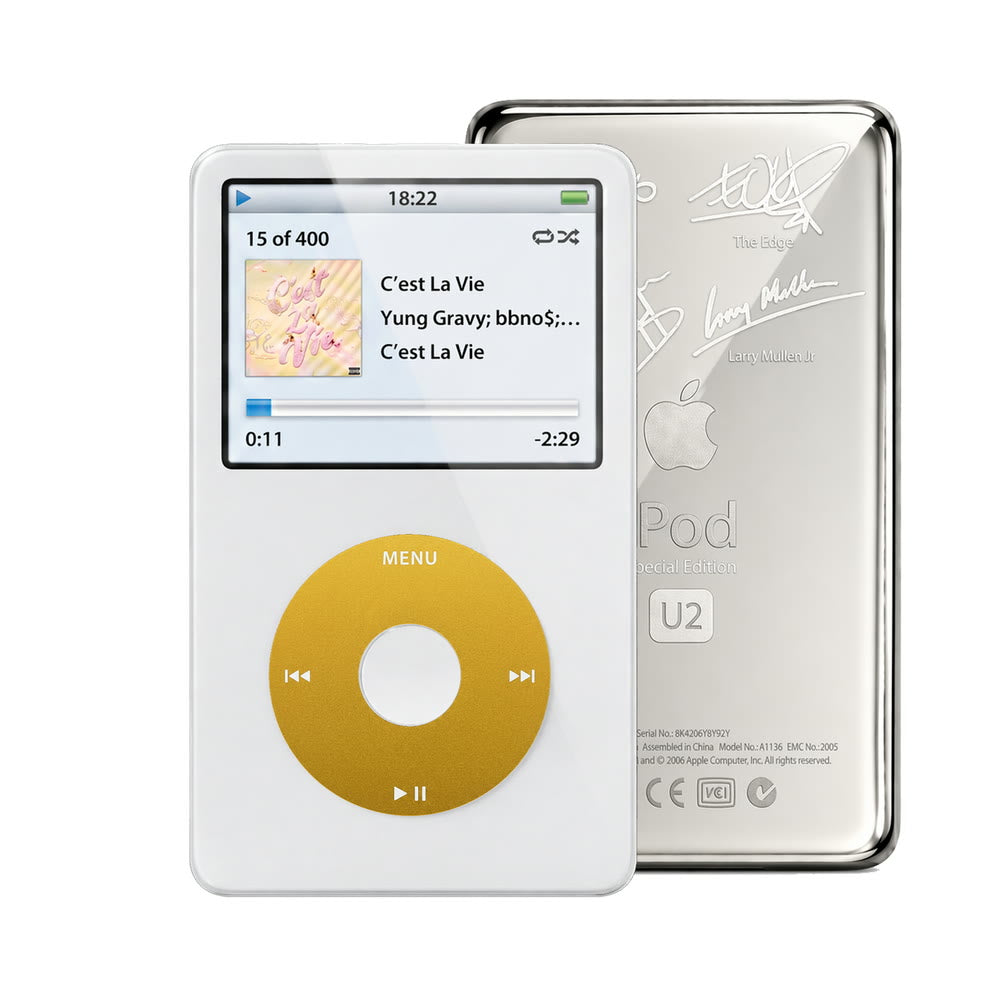 White refurbished iPod Video 5.5 Gen with Yellow click wheel and Silver U2 back plate