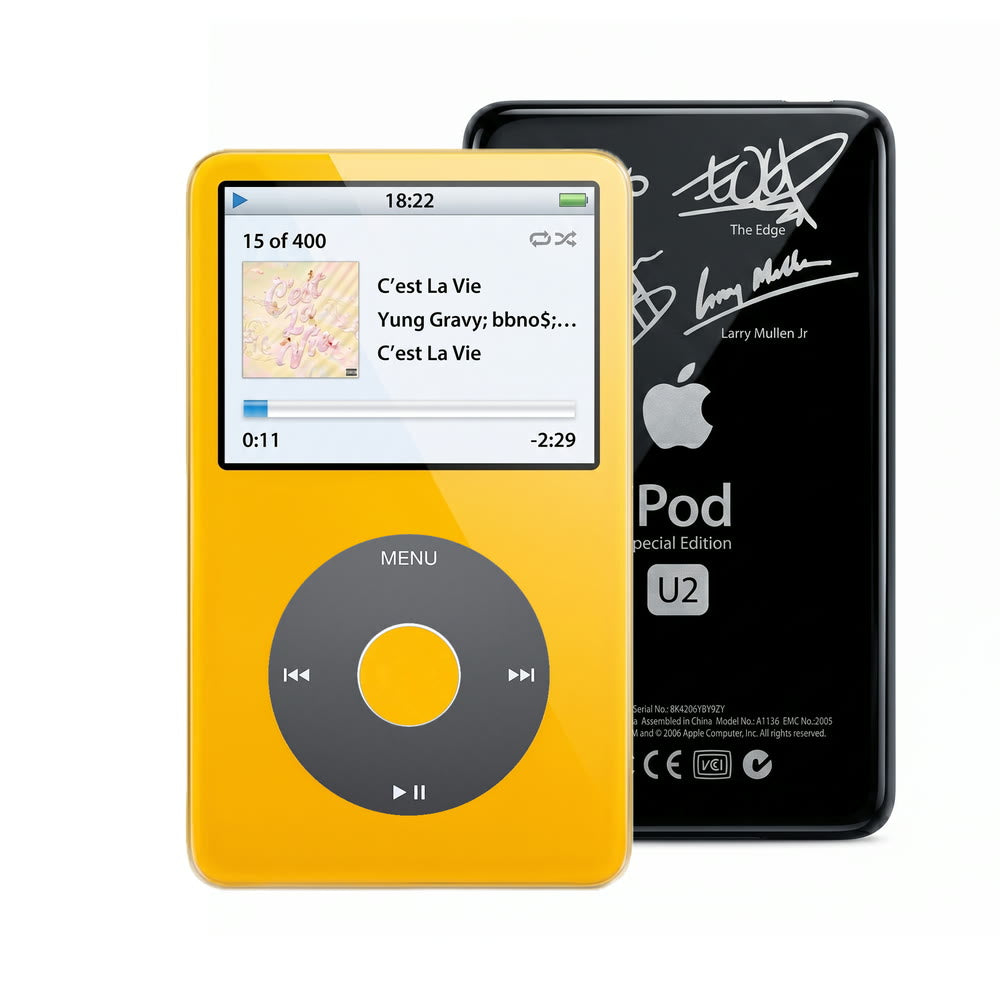 Yellow refurbished iPod Video 5.5 Gen with Black click wheel and Black U2 back plate