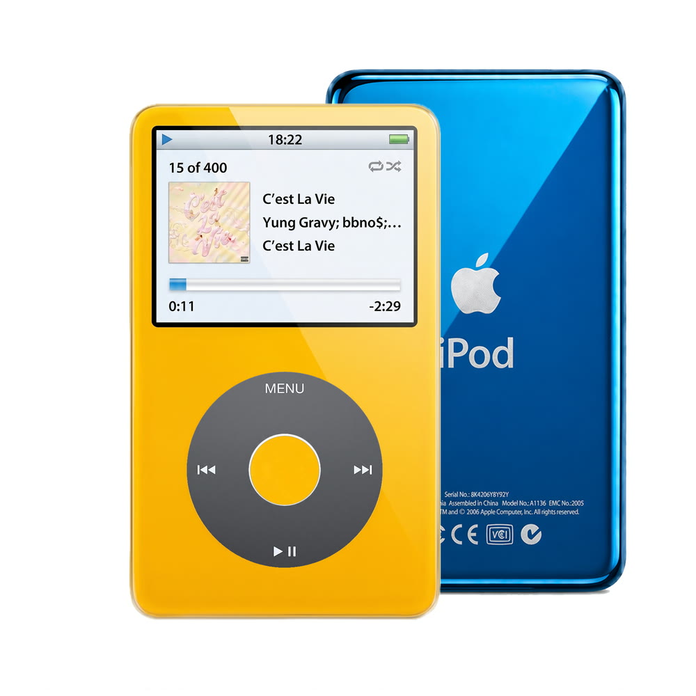 Yellow refurbished iPod Video 5.5 Gen with Black click wheel and Blue back plate