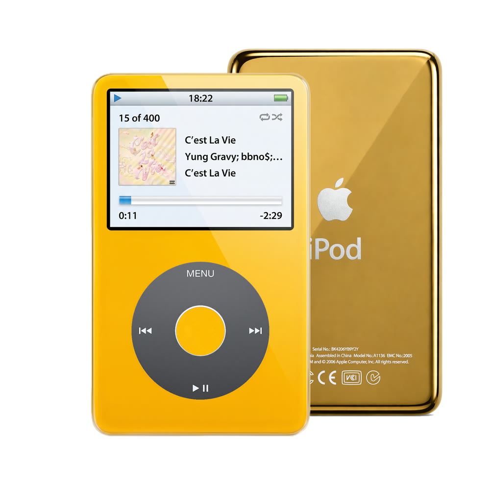 Yellow refurbished iPod Video 5.5 Gen with Black click wheel and Gold back plate