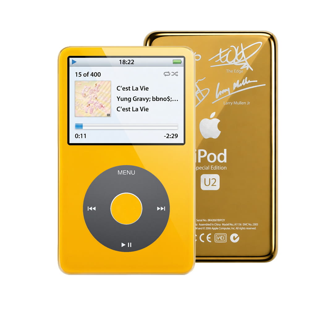 Yellow refurbished iPod Video 5.5 Gen with Black click wheel and Gold U2 back plate