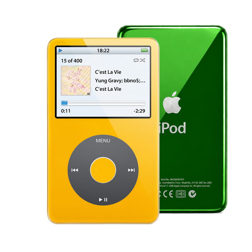 Yellow refurbished iPod Video 5.5 Gen with Black click wheel and Green back plate