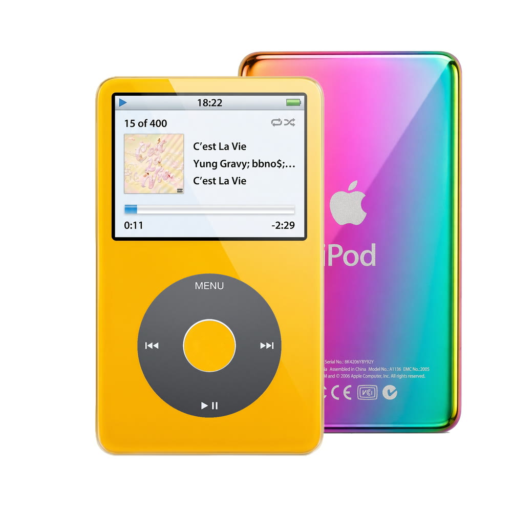 Yellow refurbished iPod Video 5.5 Gen with Black click wheel and Rainbow back plate