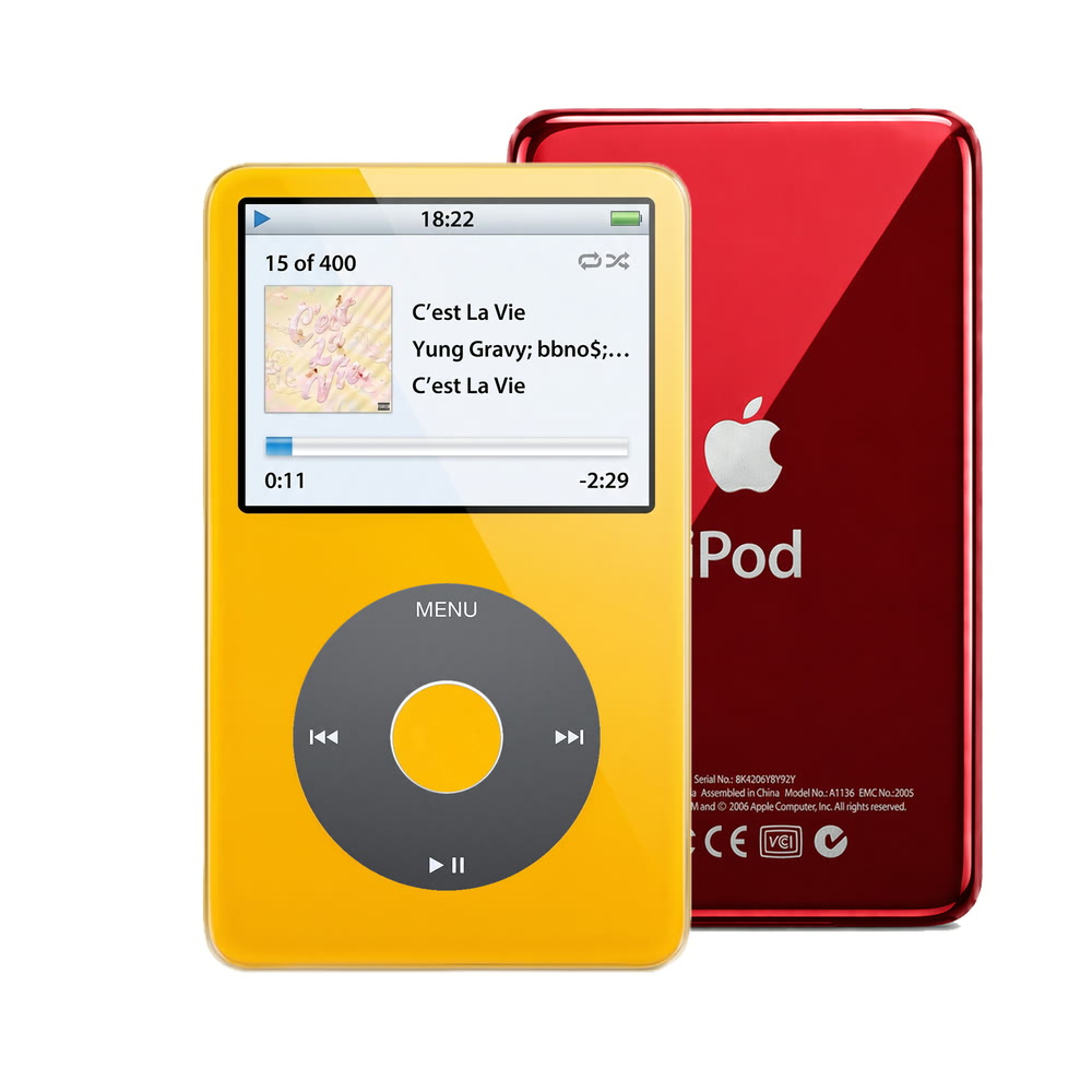 Yellow refurbished iPod Video 5.5 Gen with Black click wheel and Red back plate