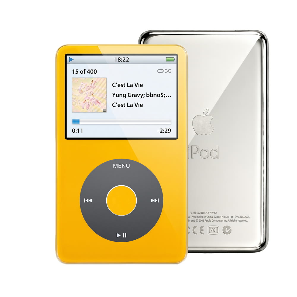 Yellow refurbished iPod Video 5.5 Gen with Black click wheel and Silver back plate