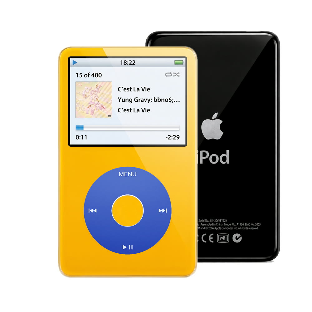 Yellow refurbished iPod Video 5.5 Gen with Blue click wheel and Black back plate