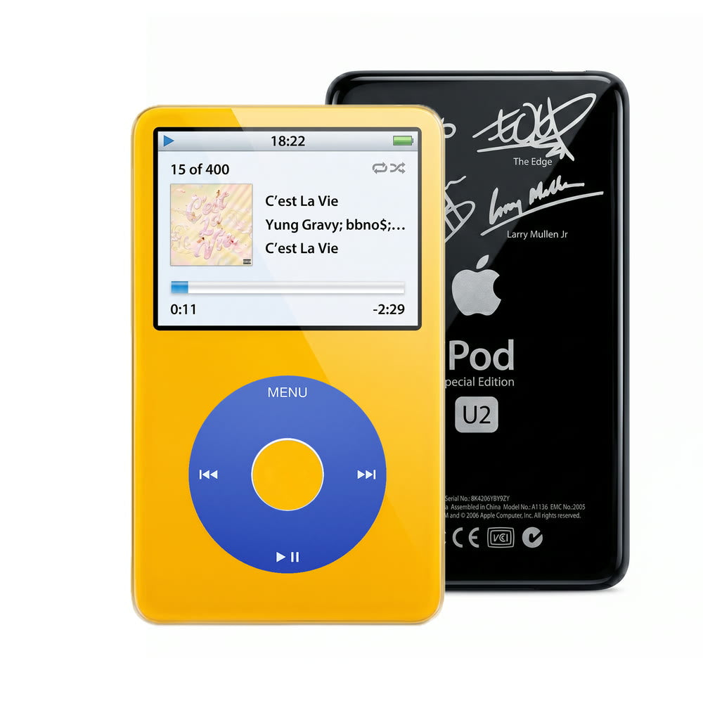 Yellow refurbished iPod Video 5.5 Gen with Blue click wheel and Black U2 back plate