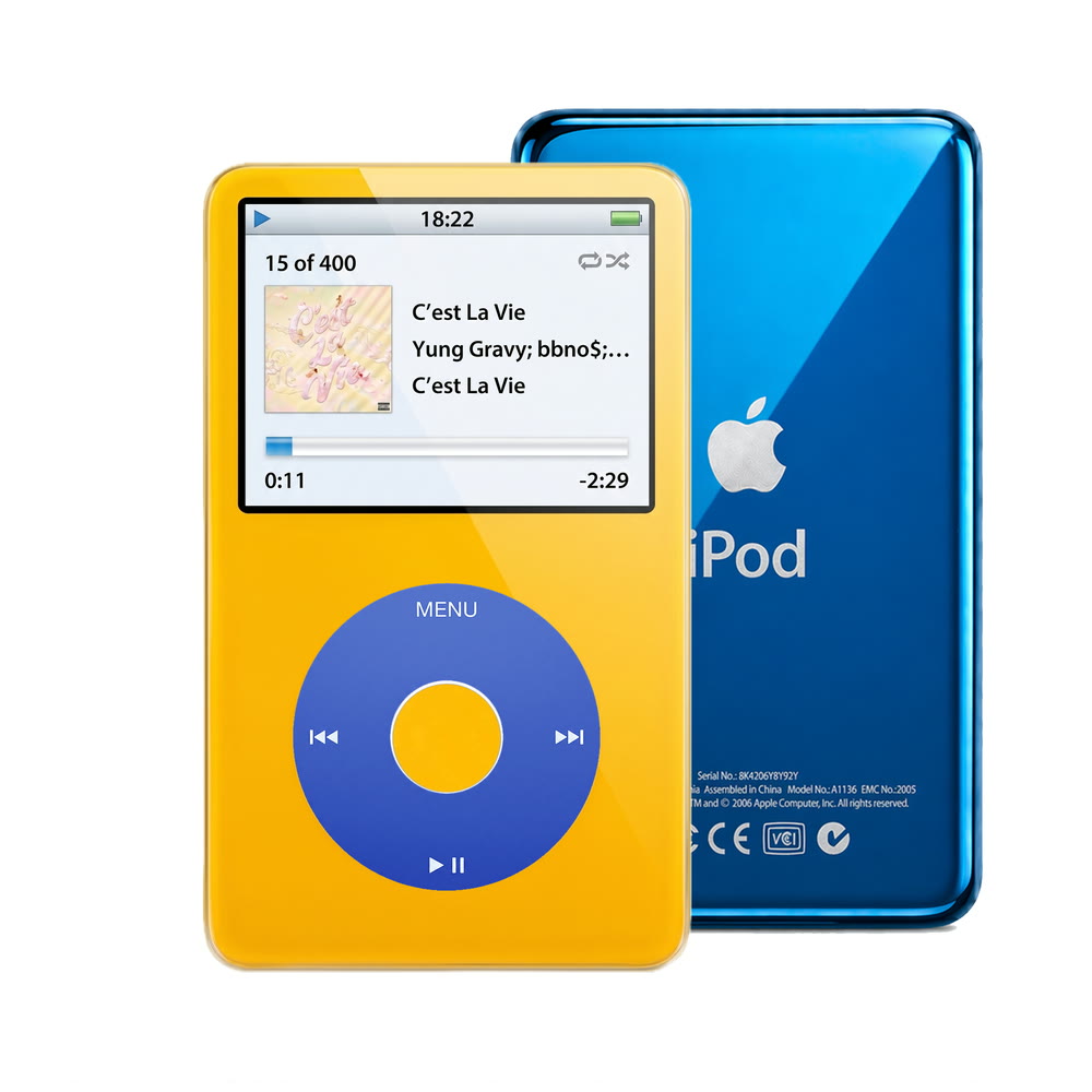 Yellow refurbished iPod Video 5.5 Gen with Blue click wheel and Blue back plate