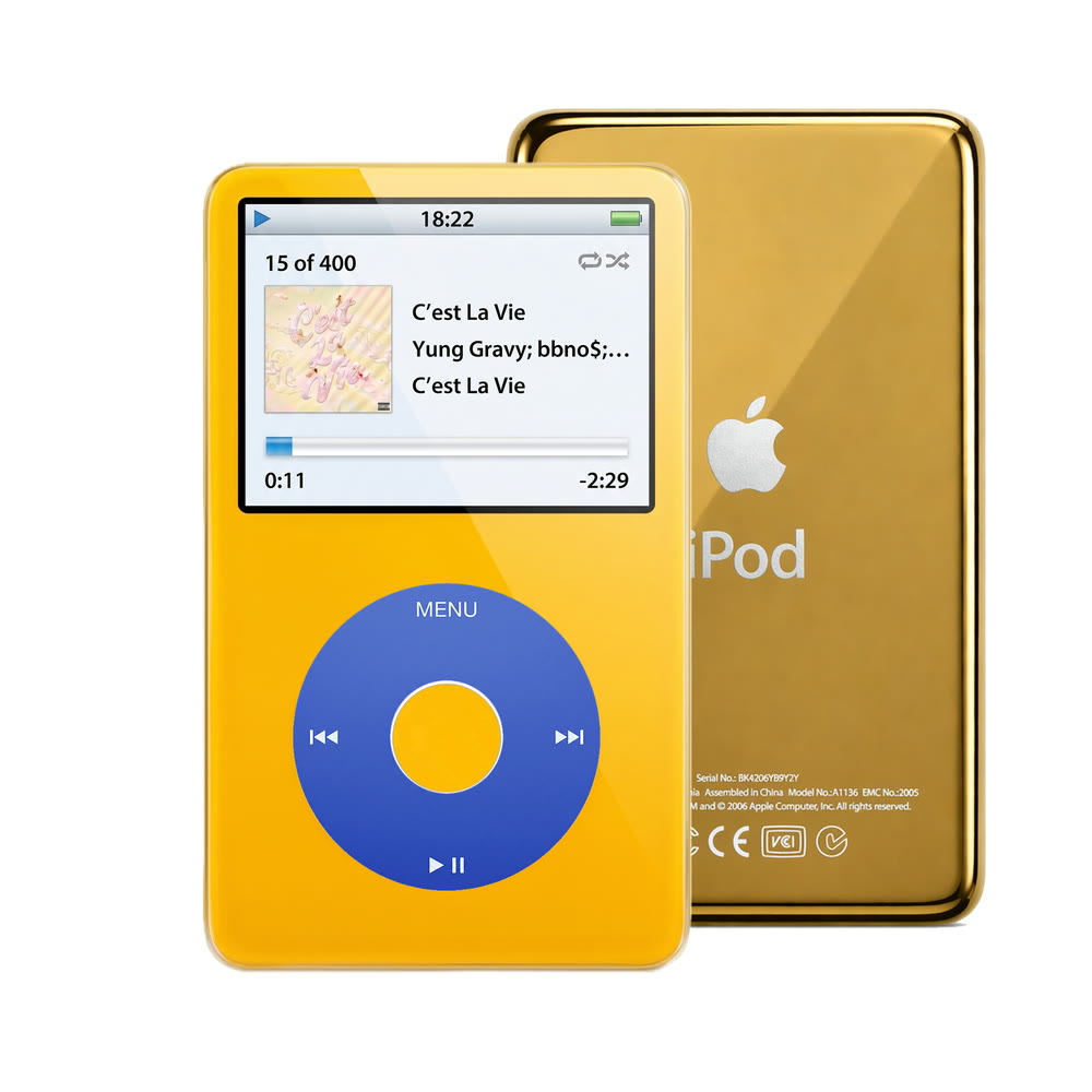Yellow refurbished iPod Video 5.5 Gen with Blue click wheel and Gold back plate