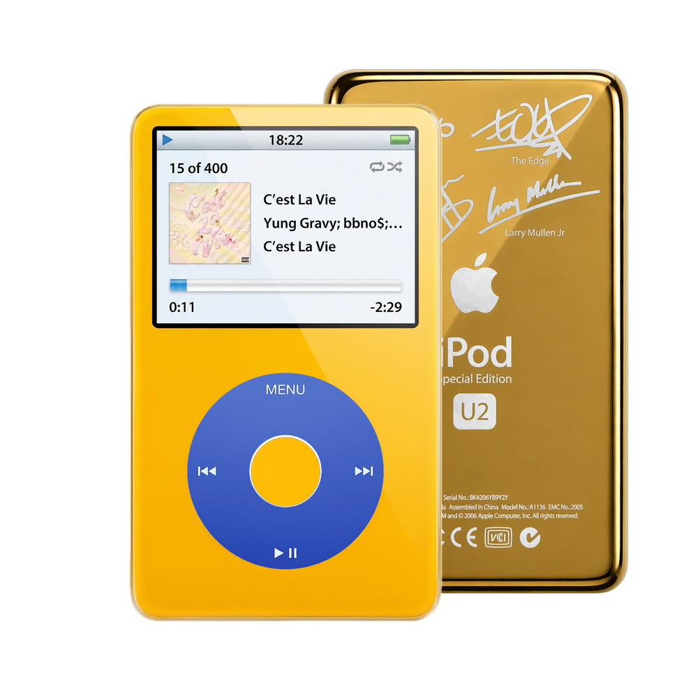 Yellow refurbished iPod Video 5.5 Gen with Blue click wheel and Gold U2 back plate