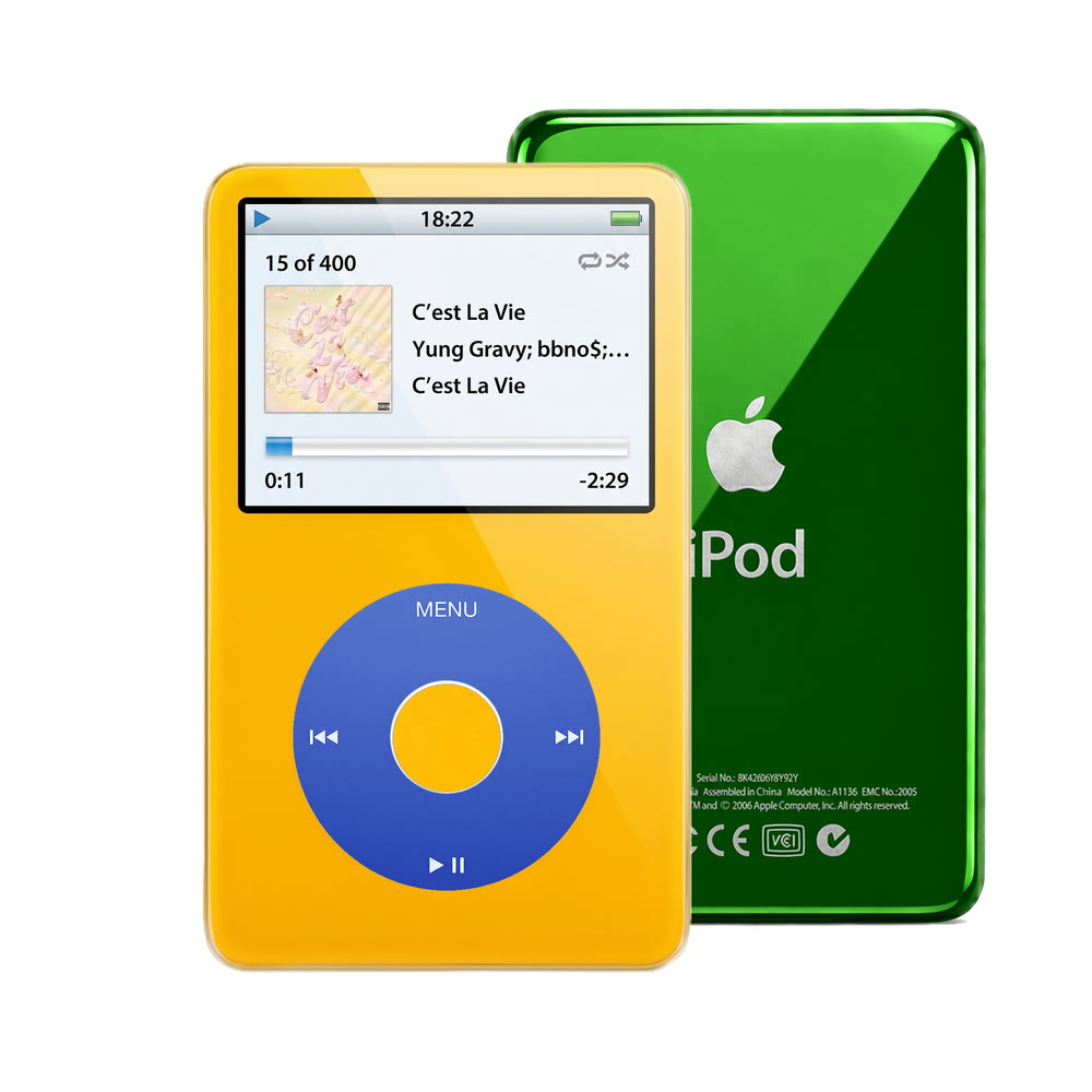 Yellow refurbished iPod Video 5.5 Gen with Blue click wheel and Green back plate