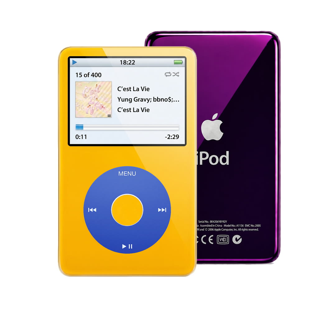 Yellow refurbished iPod Video 5.5 Gen with Blue click wheel and Purple back plate