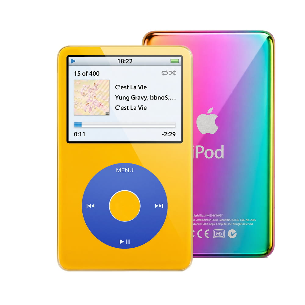 Yellow refurbished iPod Video 5.5 Gen with Blue click wheel and Rainbow back plate