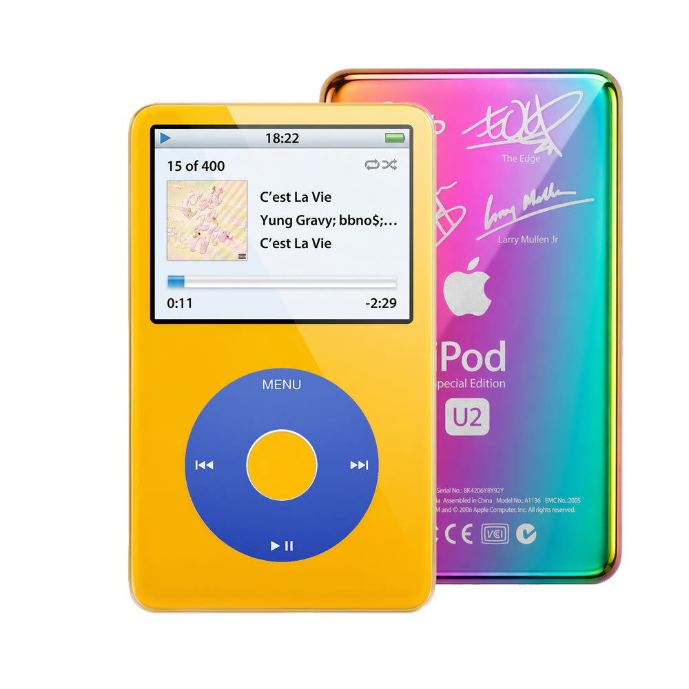 Yellow refurbished iPod Video 5.5 Gen with Blue click wheel and Rainbow U2 back plate