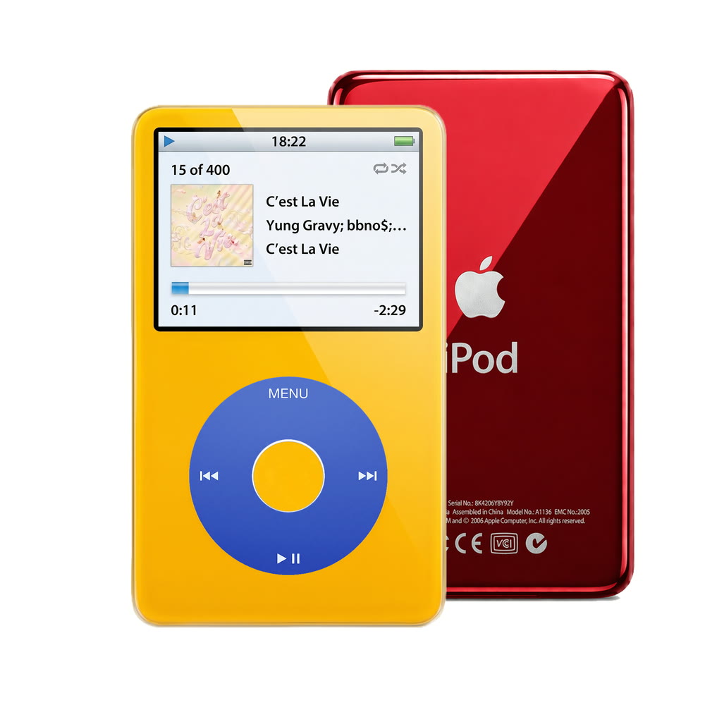 Yellow refurbished iPod Video 5.5 Gen with Blue click wheel and Red back plate