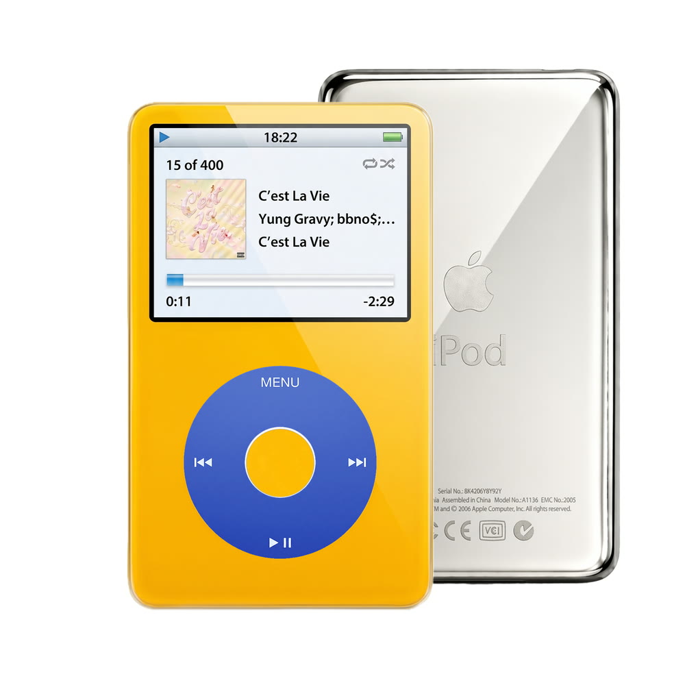 Yellow refurbished iPod Video 5.5 Gen with Blue click wheel and Silver back plate