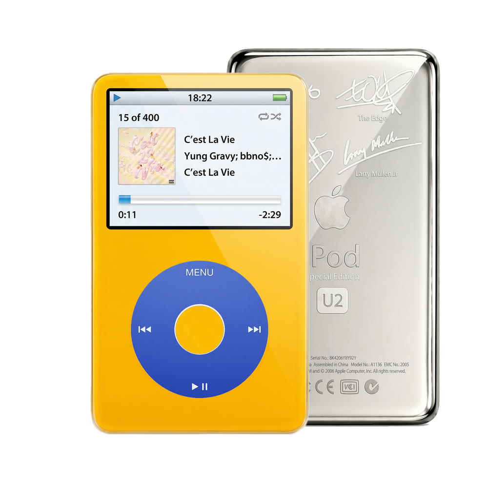 Yellow refurbished iPod Video 5.5 Gen with Blue click wheel and Silver U2 back plate
