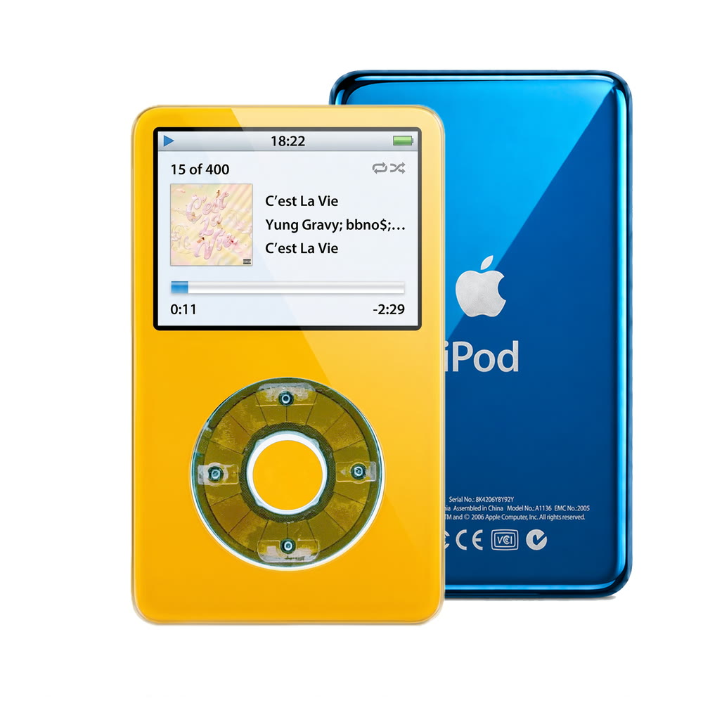 Yellow refurbished iPod Video 5.5 Gen with Clear Blue click wheel and Blue back plate